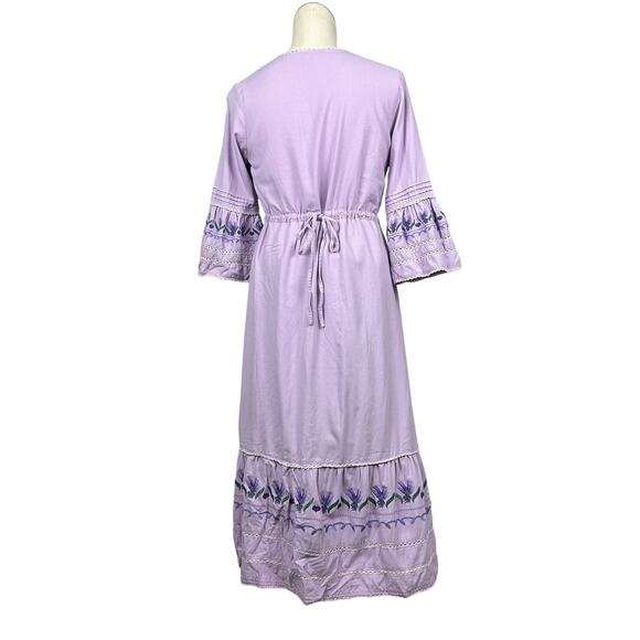 Boutique Cottagecore Long Sleeve Linen Blend Lavender Embroidered Maxi Dress S - Picture 2 of 7